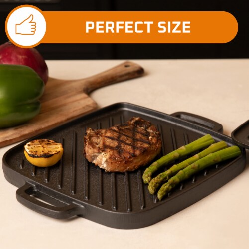 Bruntmor 10  x 10  2-in-1 Reversible Cast Iron Grill Pan w/ Grip Handle & Press Perspective: left