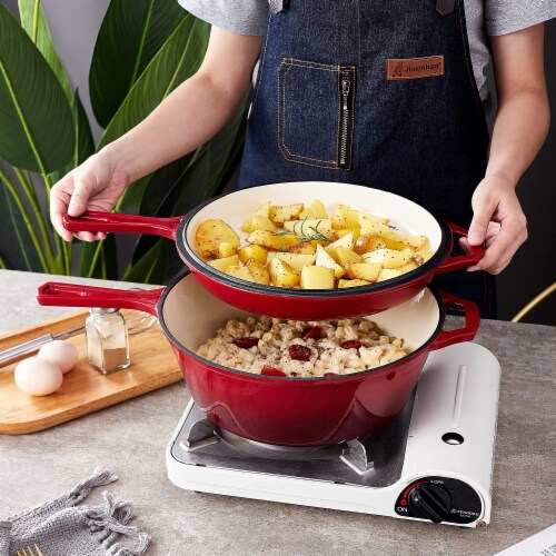 Bruntmor 5 Qt Red 2-in-1 Cast Iron Skillet & Lid, Enameled, Non-Stick Perspective: left