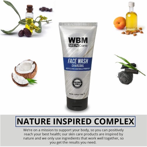 WBM Men Care Face Wash, Purifying & Hydrating Charcoal Cleanser, For All Skin Types | 5.29 Oz Perspective: left