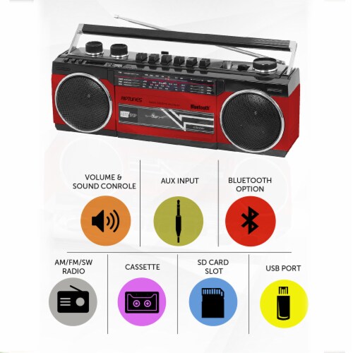 Riptunes Cassette Bluetooth Boombox, AM/FM/ SW-1-SW2, USB, SD, and AUX-in- Red Perspective: left