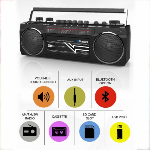 Riptunes Cassette Bluetooth Boombox, AM/FM/ SW-1-SW2, USB, SD, and AUX-in- Black Perspective: left