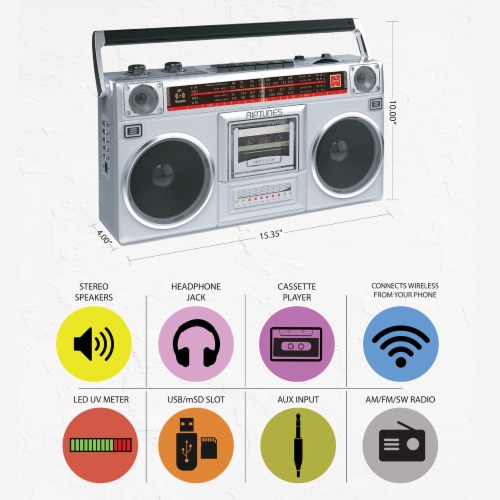 Riptunes Radio Cassette Stereo Boombox With Bluetooth Audio - Silver, 1 -  Fry's Food Stores