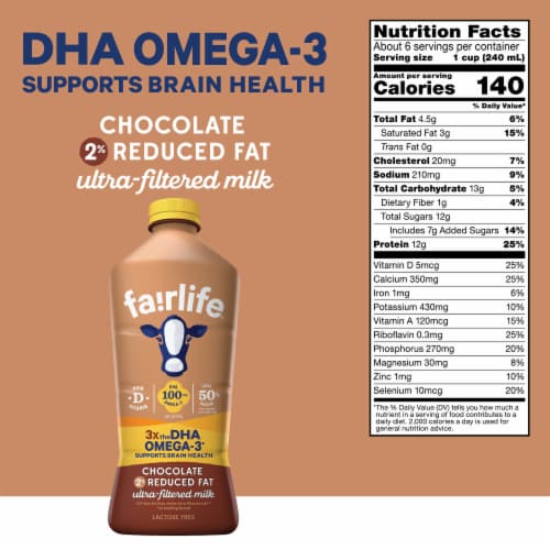 Fairlife Reduced Fat Chocolate Lactose Free & High-Protein With Dha Omega3 Ultra-Filtered Milk Perspective: left