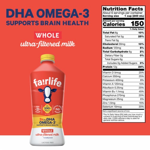 Fairlife Whole Lactose Free & High-Protein With Dha Omega3 Ultra-Filtered Milk Perspective: left