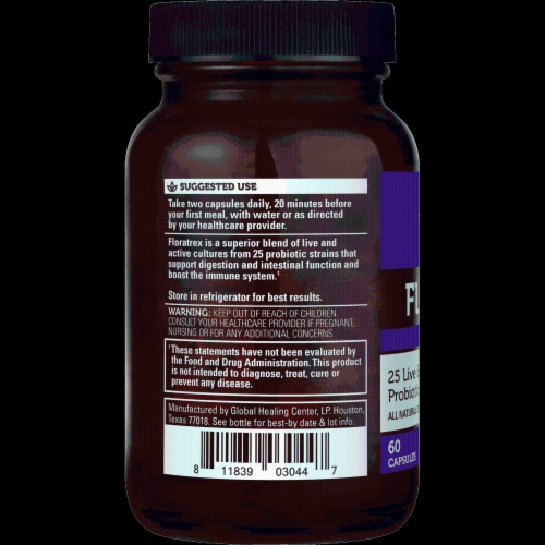 Global Healing Vegan GMO Free Floratrex Probiotic & Prebiotic Dietary Supplement Perspective: left