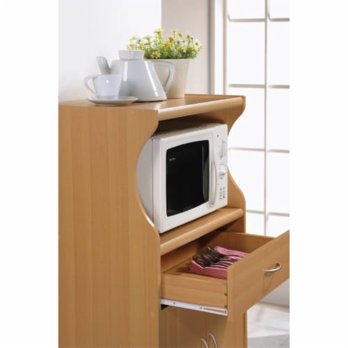 Hodedah Wheeled Microwave Island Cart with Drawer and Cabinet Storage, Beech Perspective: left