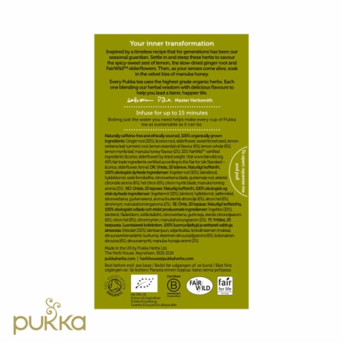 Pukka Lemon Ginger & Manuka Honey Organic Herbal Tea Perspective: left
