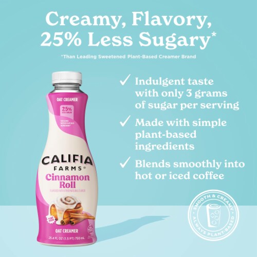Califia Farms® Cinnamon Roll Oat Milk Coffee Creamer Perspective: left
