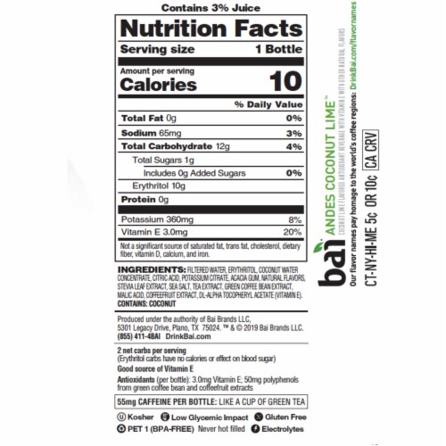 Bai® Antioxidant Infused Cocofusion Andes Coconut Lime Flavored Bottled Water Perspective: left
