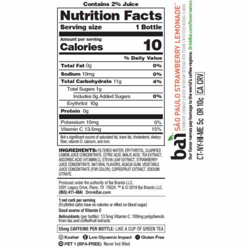 Bai® Antioxidant Infused Sao Paulo Strawberry Lemonade Flavored Bottled Water Perspective: left