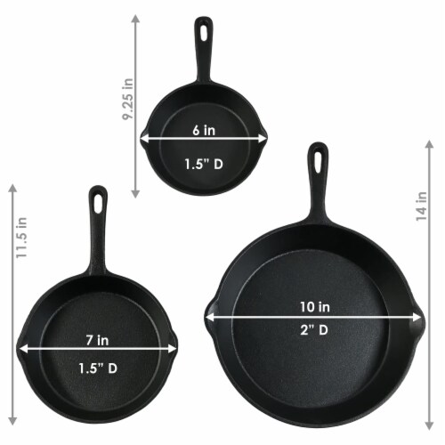Pre-Seasoned Cast Iron Skillet Fry Pan Set 6 , 7 and 10 Round Cookware Perspective: left