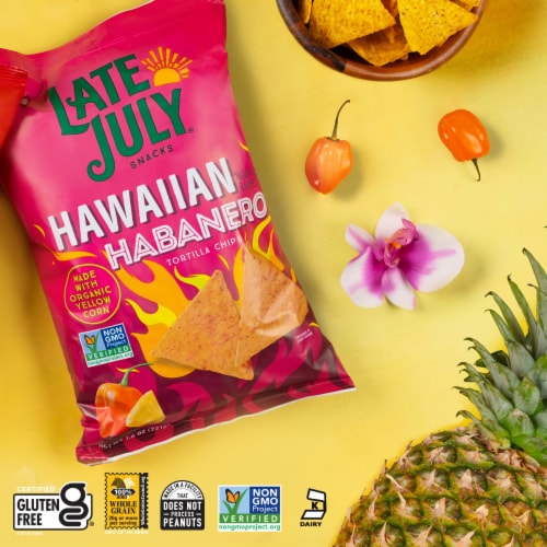 Late July Snacks, Hawaiian Habanero Corn Tortilla Chips, 7.8 Oz Bag Perspective: left