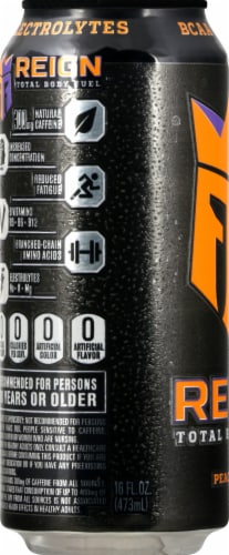 Reign® Peach Fizz Energy Drink Can Perspective: left
