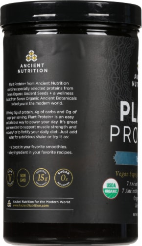 Ancient Nutrition Plant Protein+ Vanilla Vegan Superfood Protein Powder Perspective: left