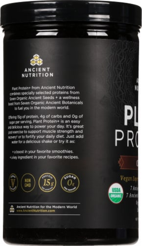Ancient Nutrition Plant Protein+ Chocolate Vegan Superfood Protein Powder Perspective: left