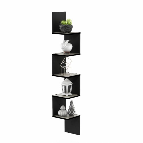 Furinno FR16123GYW-BK 5 Tier Wall Mount Floating Corner Square Shelf, French Oak Grey & Black Perspective: left