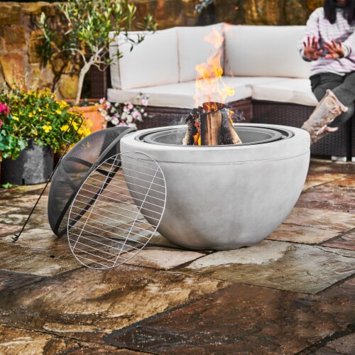 Teamson Home Outdoor Round BBQ Grill Wood Burning Fire Pit with Fireplace Poker Perspective: left