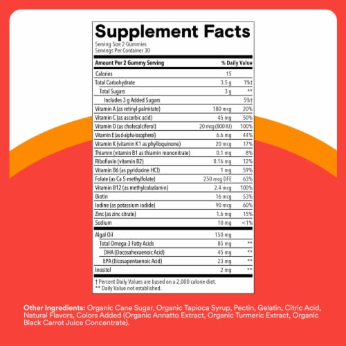 SmartyPants Kids Plus Multvitamin & Omega 3 Gummies Supplement with Vitamins C, D3, B12, Zinc Perspective: left