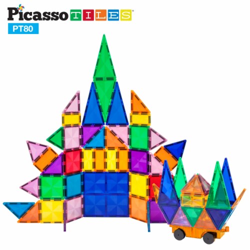 PicassoTiles 80 Piece Magnetic Building Block Set w Car Perspective: left