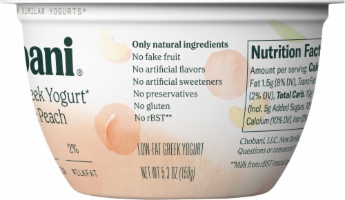 Chobani® Less Sugar Low-Fat Clingstone Peach Greek Yogurt Perspective: left