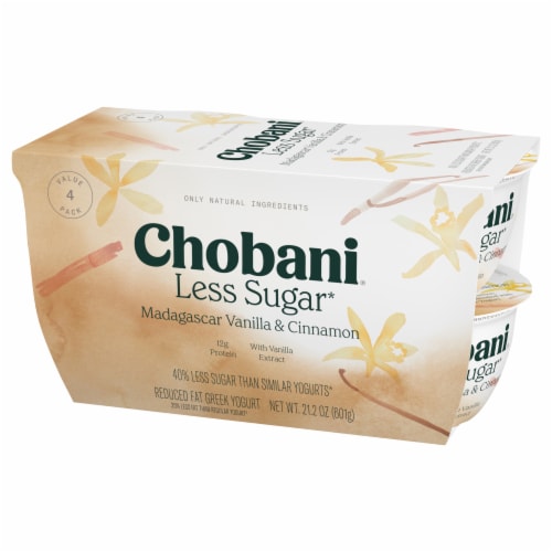 Chobani Less Sugar Low-Fat Madagascar Vanilla Cinnamon Greek Yogurt 5.3oz 4ct Perspective: left