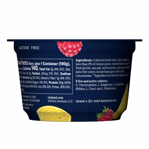 Chobani 20g Protein Raspberry Lemon Low Fat Greek Yogurt Cup Perspective: left