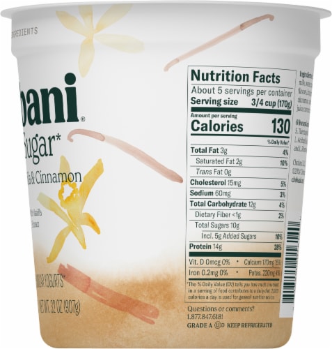 Chobani® Madagascar Vanilla & Cinnamon Less Sugar Low Fat Greek Yogurt Tub Perspective: left