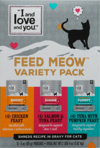 I and Love and You Feed Meow™ Grain Free Wet Cat Food Pouch Variety Pack Perspective: left