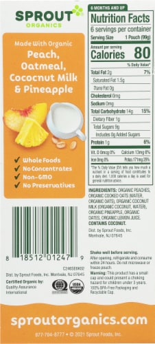 Sprout® Stage 2 Organic Peach Oatmeal with Coconut Milk & Pineapple Baby Food Pouch Perspective: left