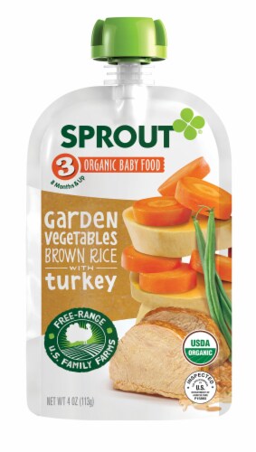 Sprout Organics® Garden Vegetables Brown Rice Turkey Stage 3 Baby Food Perspective: left
