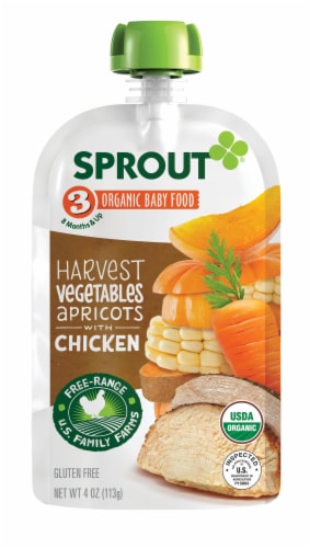 Sprout Organic Harvest Vegetables Apricot & Chicken Stage 3 Baby Food Perspective: left