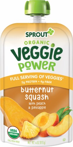 Sprout Organic Veggie Power Butternut Squash with Peach & Pineapple Baby Food Perspective: left