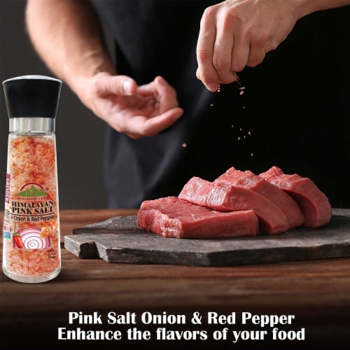 Himalayan Chef Pink Salt with Roasted Onion & Red Crushed Pepper, Tall Glass Grinder, 12.5 Oz Perspective: left