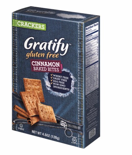Gratify Gluten Free Cinnamon Baked Bites Crackers Perspective: left