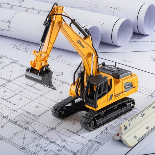 Top Race Loader, Excavator & Dump Truck Metal Diecast Construction Toys Set of 3, 1:60 Scale Perspective: left