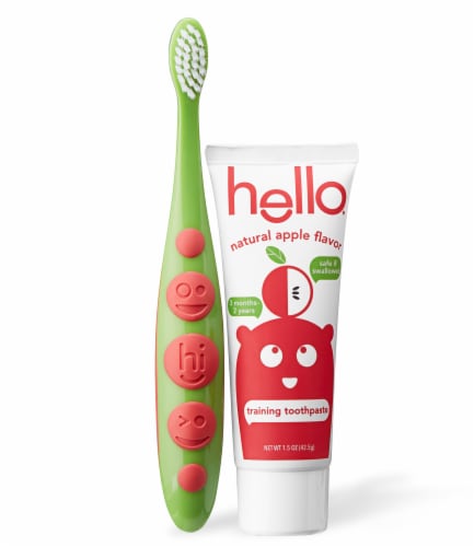Hello Toddler Organic Apple Flavor Training Toothpaste and Toothbrush Perspective: left