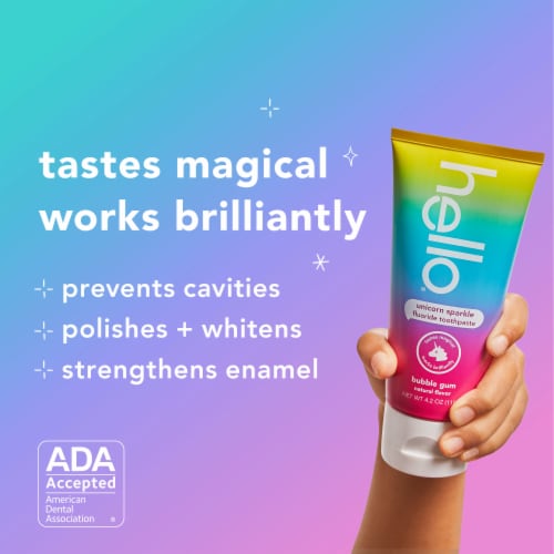 hello Unicorn Sparkle Kids Toothpaste with Fluoride Bubble Gum Toothpaste 4.2 Oz Tube Perspective: left