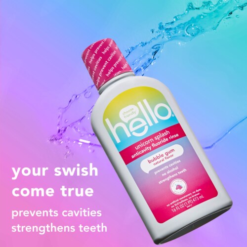 hello Unicorn Splash Fluoride Kids Mouthwash in Bubble Gum Natural Flavor Perspective: left