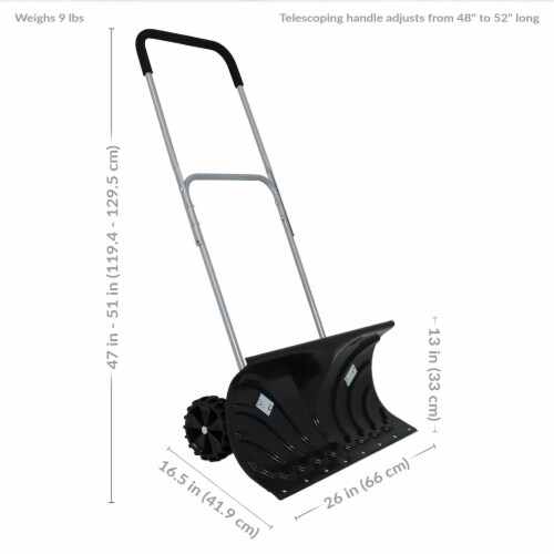 CASL Brands 26 in Aluminum and Polypropylene Adjustable Rolling Snow Pusher Perspective: left