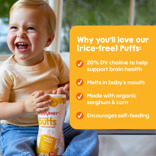 Happy Baby Rice-Free Puffs - Banana & Pumpkin Baked Grain Snack Canister Perspective: left