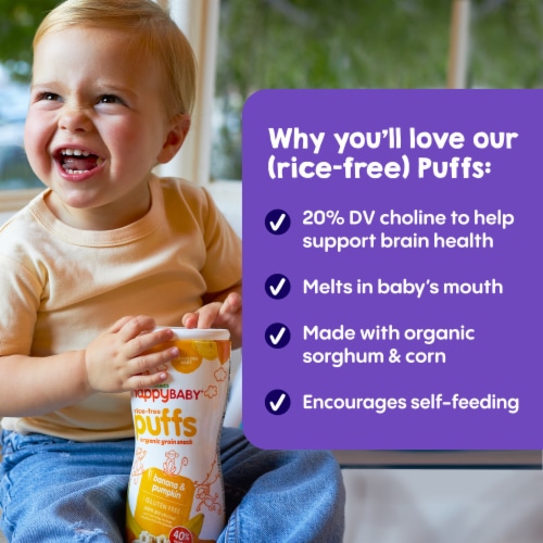 Happy Baby Rice-Free Puffs - Purple Carrot & Blueberry Baked Grain Snack Canister Perspective: left