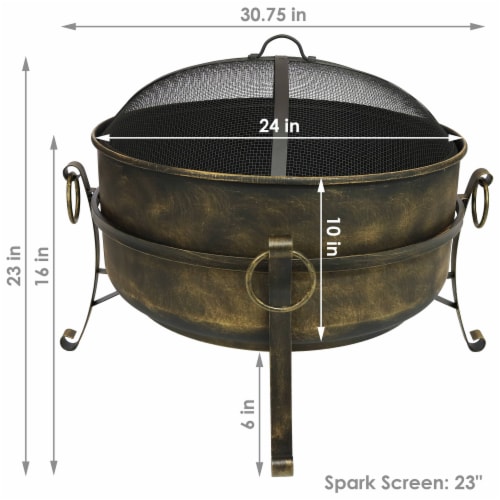 Sunnydaze 24 in Cauldron Steel Fire Pit with Spark Screen, Poker, and Grate Perspective: left