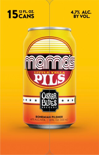 Oskar Blues Mama's Little Yella Pils Bohemian Pilsner Craft Beer Perspective: left