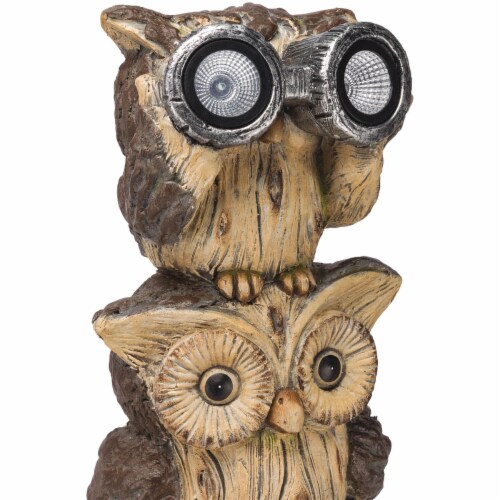 Alpine 25 In. H. Solar 3-Owl Statue with LED Binoculars QWR1064SLR Perspective: left