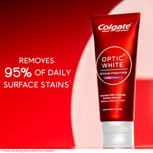 Colgate Optic White Stain Fighter Stain Removal Toothpaste with Sensitivity Relief Clean Mint Perspective: left