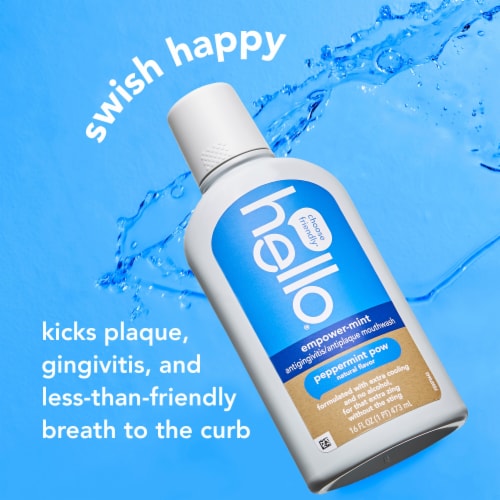 hello Empower Mint Fluoride Free and Alcohol Free Mouthwash Peppermint Pow 16 Fl Oz Bottle Perspective: left