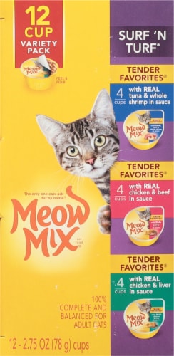 Meow Mix® Surf 'N Turf Variety Pack Cat Food Cups 2.75 Ounce - 12 Count Perspective: left