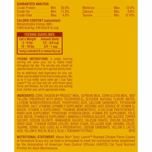 Meow mix tasty layers Roasted Chicken and Homestyle Gravy Flavor Dry Cat Food Perspective: left