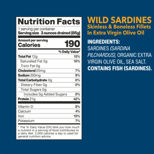 Wild Planet Wild Sardines Skinless & Boneless Fillets in Extra Virgin Olive Oil Perspective: left