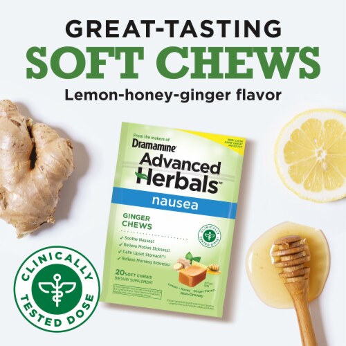 Dramamine Nausea Relief Lemon-Honey-Ginger Soft Chews Perspective: left